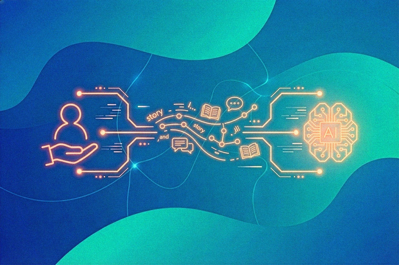 Darstellung eines Nutzers, umgeben von Daten- und Wissensströmen, die in ein KI-Modell fließen