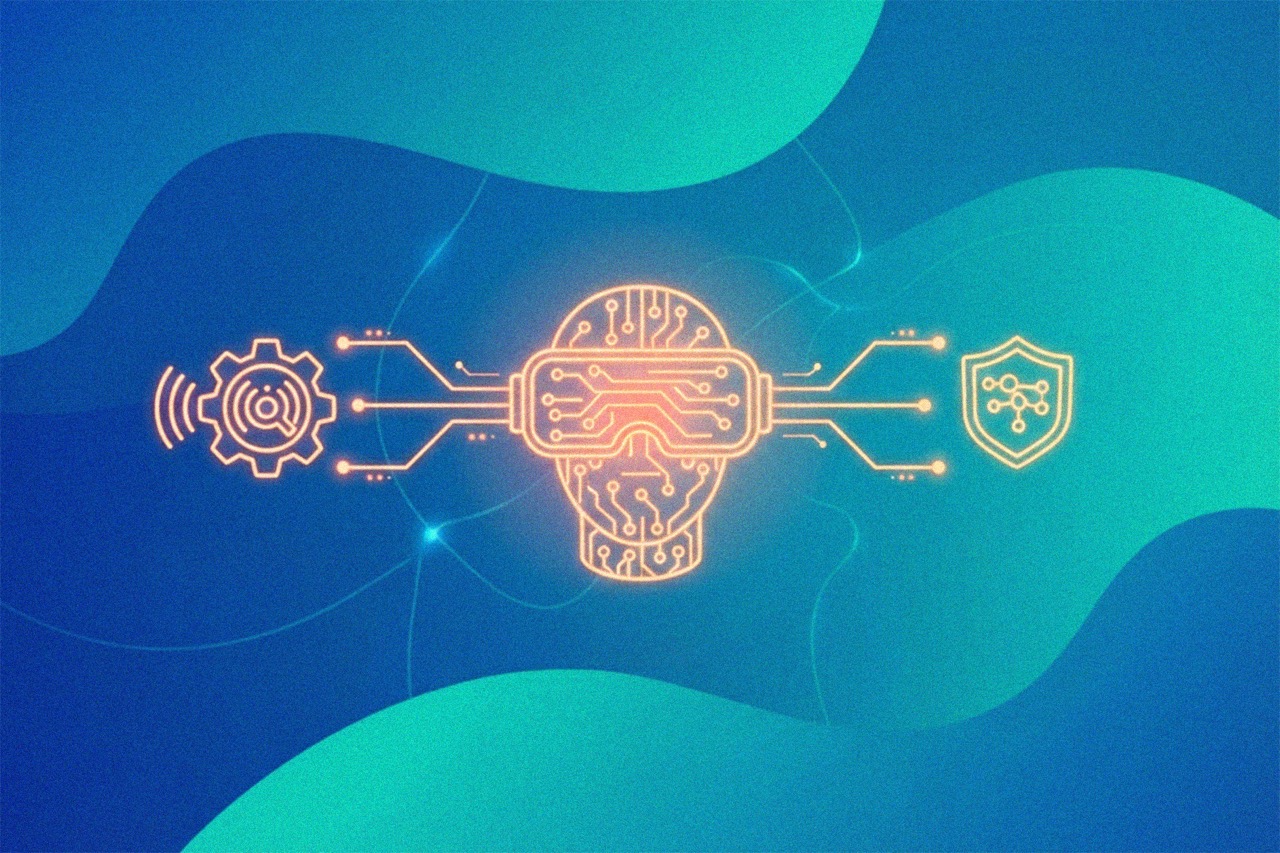 Symbolgrafik zu KI-Verarbeitung mit Gehirnchip, Zahnrädern, Sensor- und Sicherheitsikon