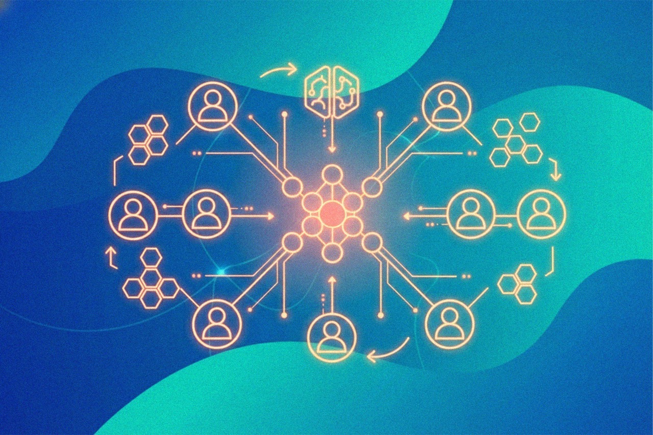 Netzwerkdiagramm, das vernetzte Nutzer und KI-Knotenpunkte zeigt