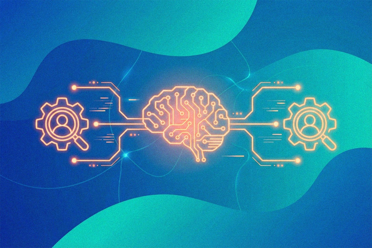 Zentrale KI-Gehirnillustration zwischen Prozess- und Optimierungssymbolen