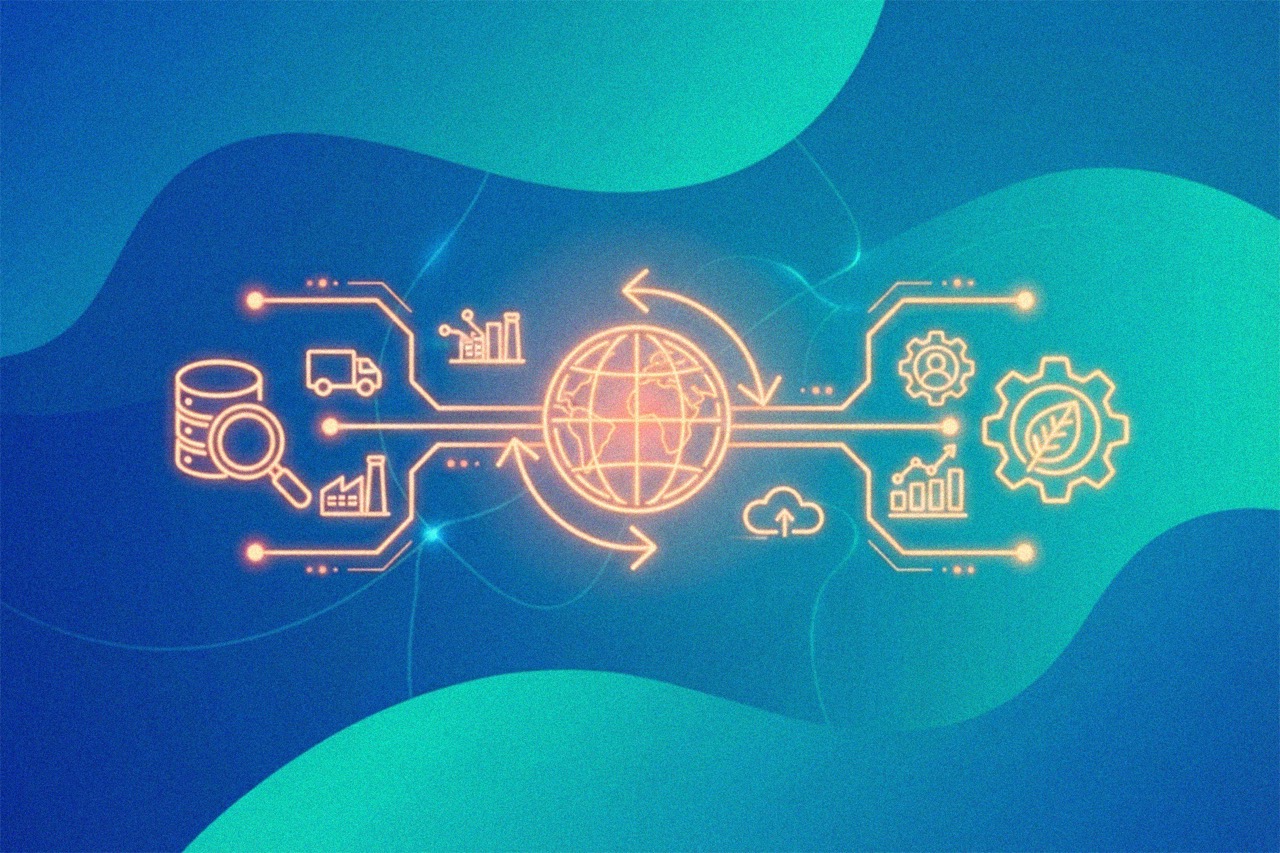 Globale Daten- und Prozessvisualisierung mit Analyse-, Cloud- und Nachhaltigkeitssymbolen